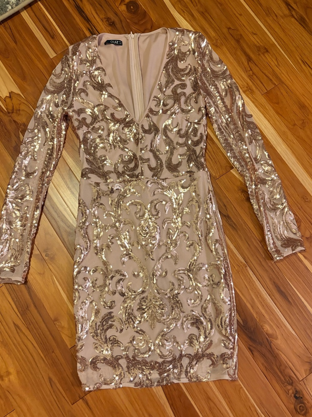 Rose Gold Sequin V-Neck Long Sleeve Dress
